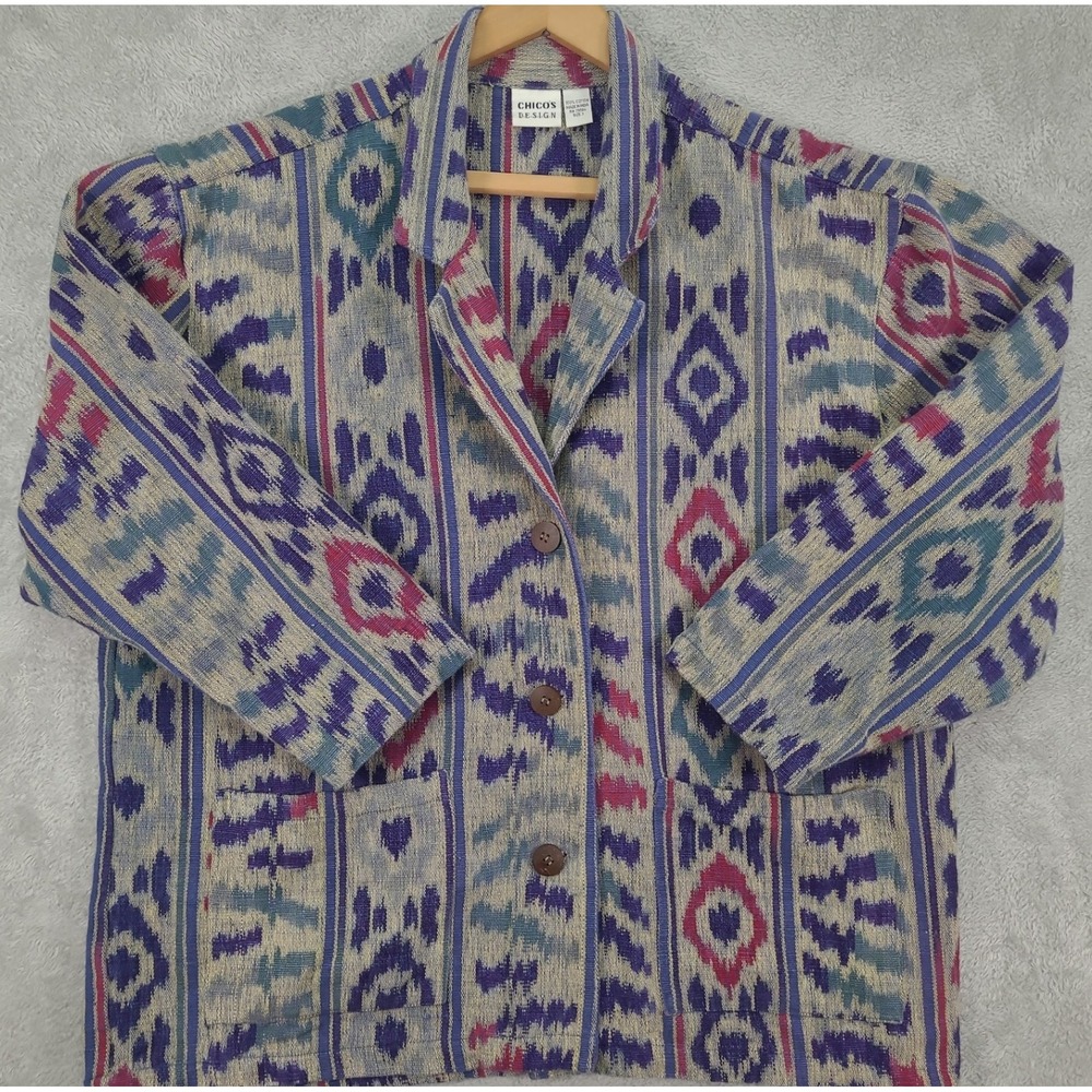Chicos Design Womens Size 3 XL Cotton Ikat Geometric Button Front Jacket